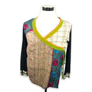 Lulu H Paris Wrap Top Womens Medium Patchwork Long Sleeve Tie V Neck Geometric